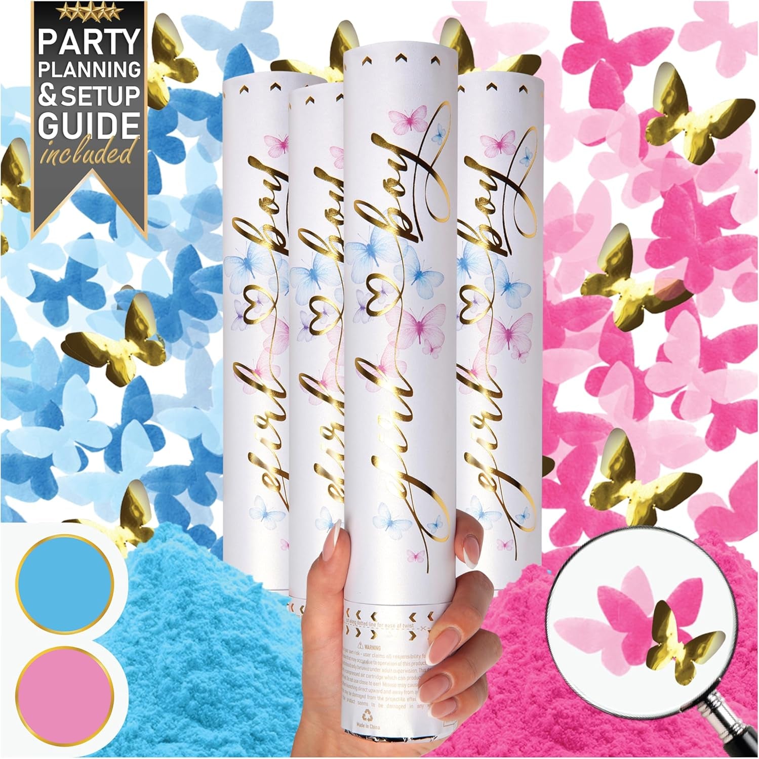 Gender Reveal Confetti Cannon 4 Pack (2 Blue 2 Pink) | Butterfly Confetti Popper and Powder Gender Reveal Smoke Bombs | Baby Gender Reveal Ideas, Party Celebration Firework Boy and Girl Color Stick