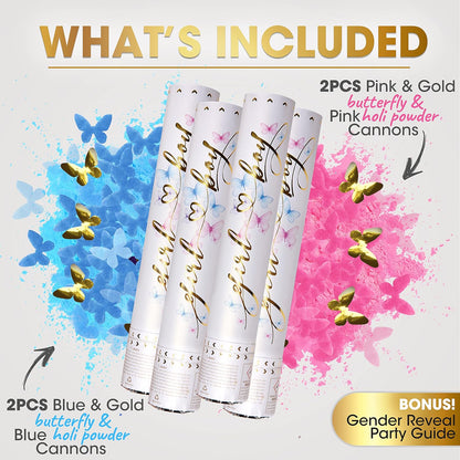 Gender Reveal Confetti Cannon 4 Pack (2 Blue 2 Pink) | Butterfly Confetti Popper and Powder Gender Reveal Smoke Bombs | Baby Gender Reveal Ideas, Party Celebration Firework Boy and Girl Color Stick